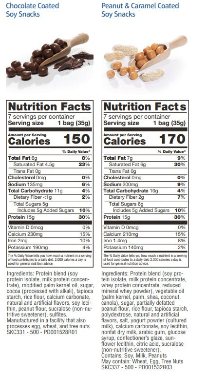 Body Chocolate Coated Soy Protein Snacks or Caramel and Peanut Coated Soy Protein Snacks